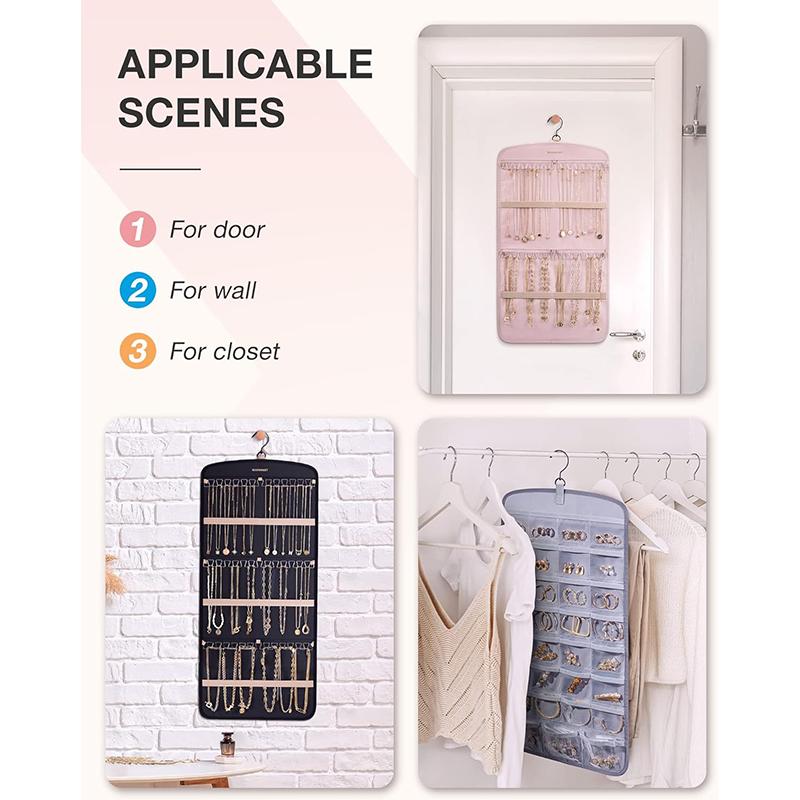 Závěsný organizér na šperky, držák na náhrdelníky Proti zamotání Náušnice Prsteny Věšák Cestovní skladovací role s kapsami Pověsit na skříň, stěnu, dveře