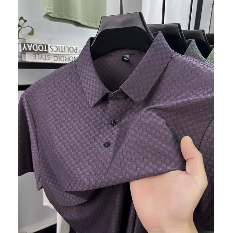 

Men s Summer Seamless Elastic Checkered Jacquard Lapel T-shirt 2XL