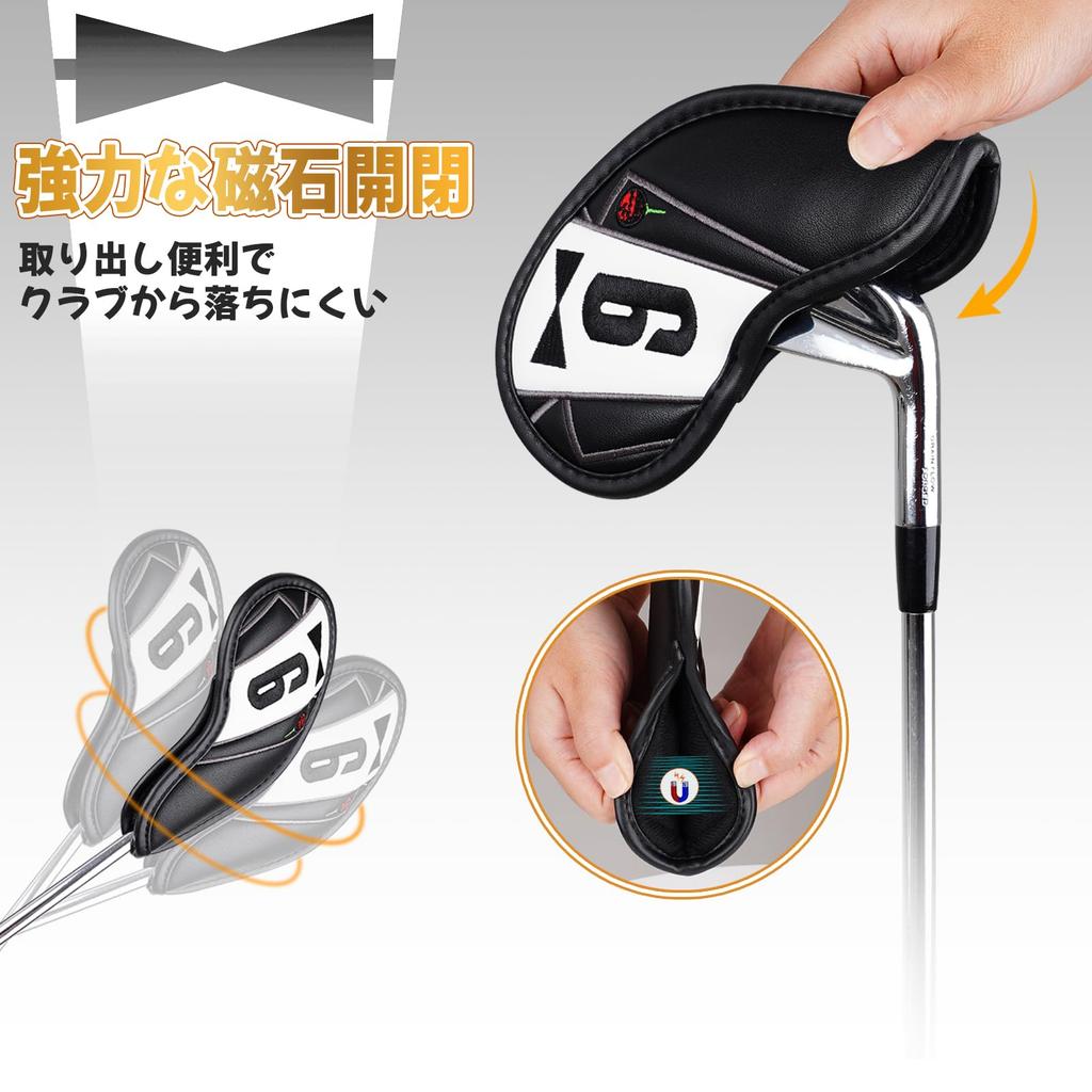 Golf Iron Covers, Magnetic Wedge Covers, Club Headcovers, Set of 9 (4-9, P, A, X), Black & White Synthetic Leather, The Golf Father