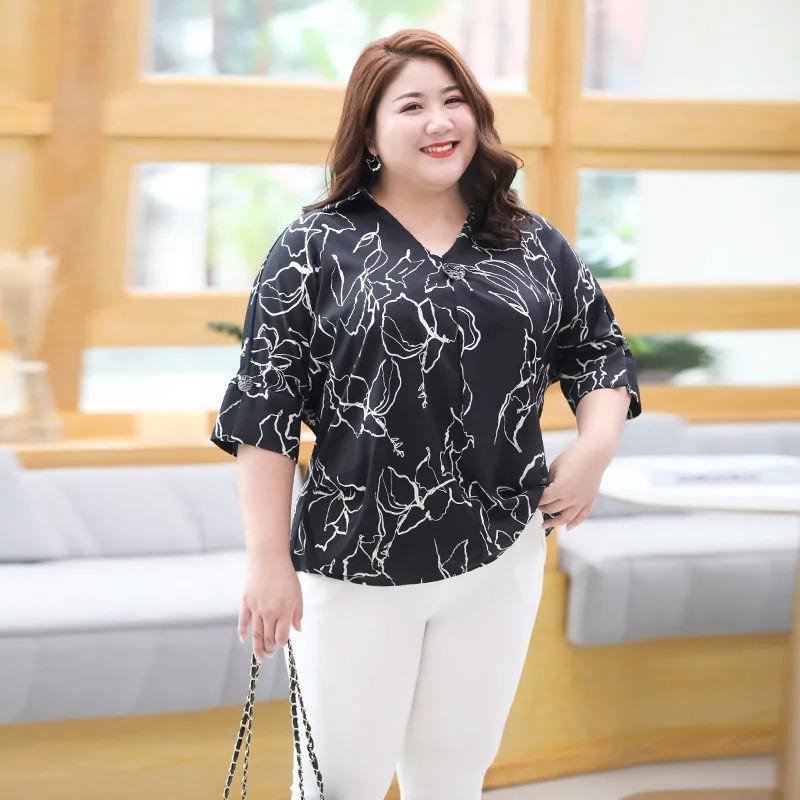 Summer Women's Tops Women's Loose Mid-sleeve Chiffon Shirts Plus Fat Oversized Shirts