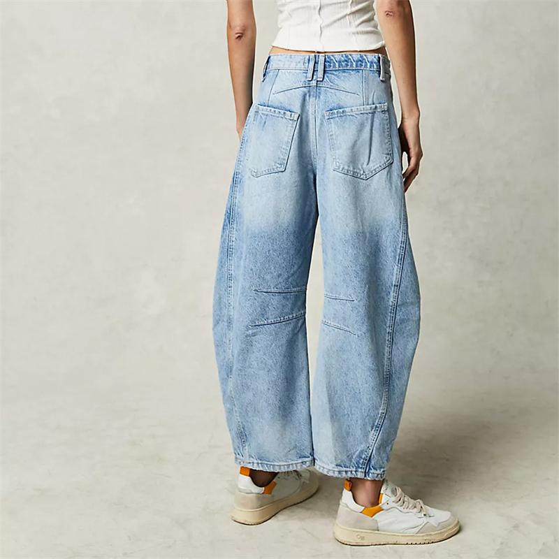 Jeans a Gamba Larga Elasticizzati a Vita Media Moda Forma a Barile Jeans in Denim Casual Baggy da Donna a Vita Media