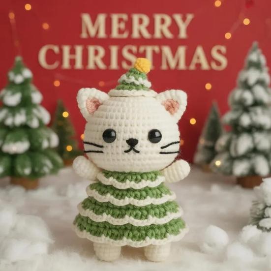 Weihnachten Häkel Katze Puppe Patchwork Farbe Handgefertigt Grün Creme Garne Katze Ornament Weihnachtsbaum Dekoration