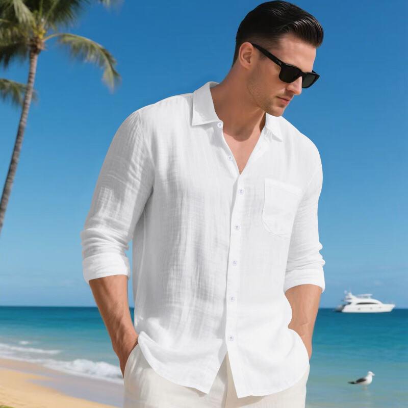Mens Casual Loose Breathable Long Sleeve Turn Down Collar Button Down Linen Shirt S