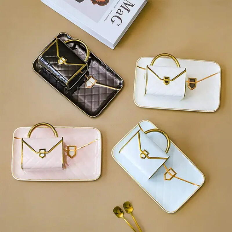 Quilted luxury bag, ceramic mug, plate, and spoon set for one person