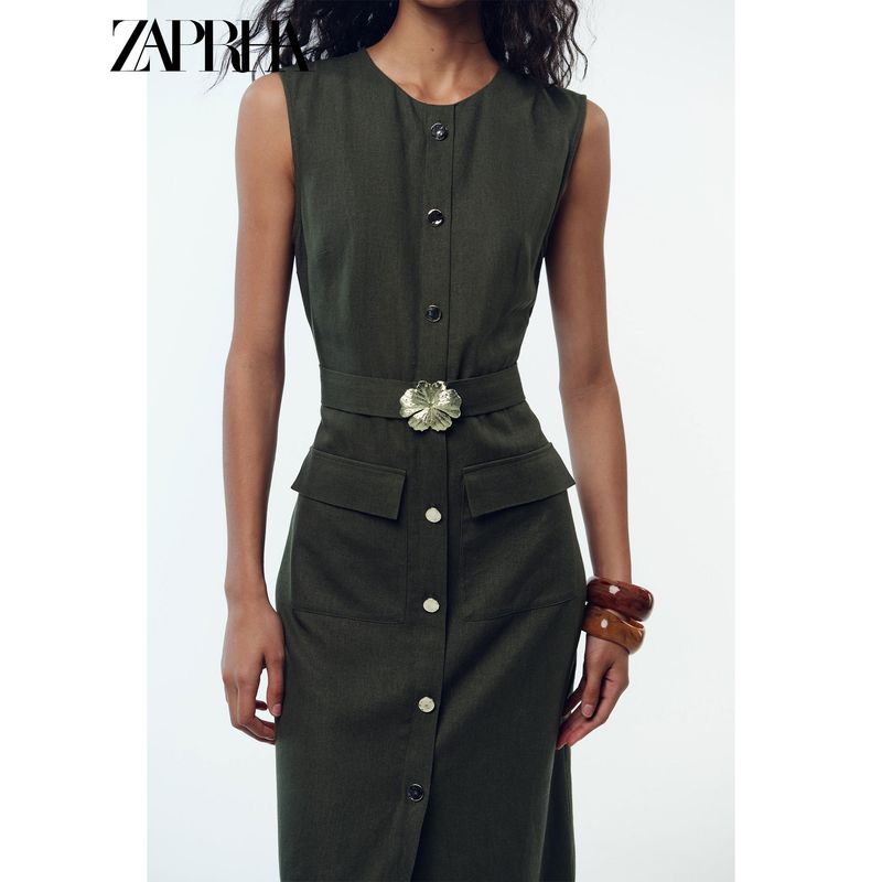 Zaprha 2025 Summer New Clamshell Linen Button Belt round Neck Sleeveless Midi Dress 8416712