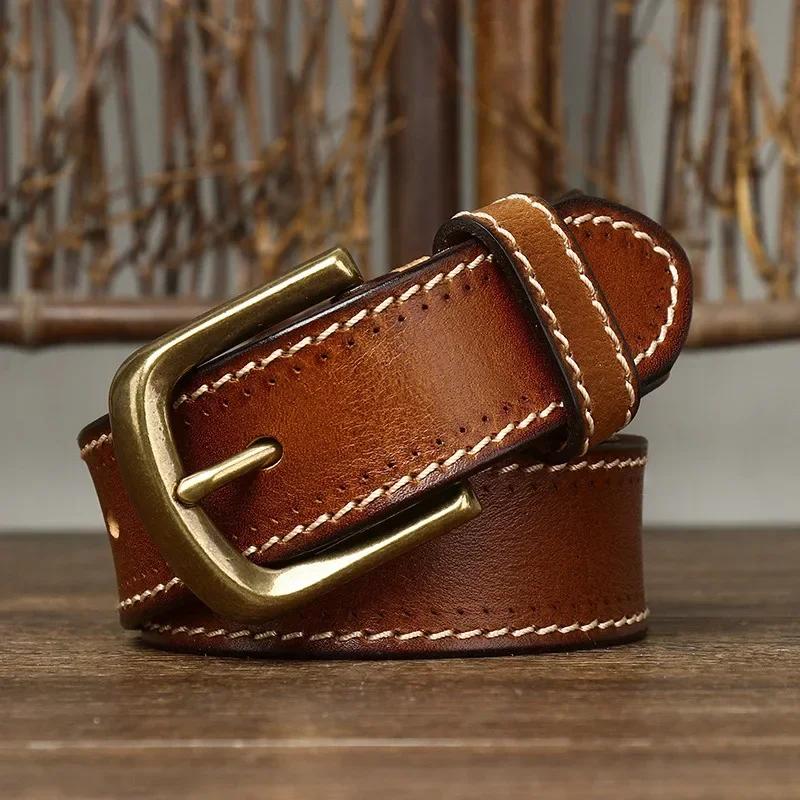 3.8CM Pure Cowhide High Quality Genuine Leather Belts for Men Korean Version Strap Male Brass Buckle Fancy Vintage Jeans Cowboy