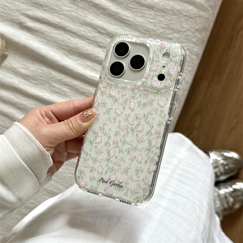 Kawaii Pastel Pink Floral Green Leaf Clear Phone Case For iPhone 14 15 16 17 Pro Max INS Fresh Style Large Window Shockproof Cov