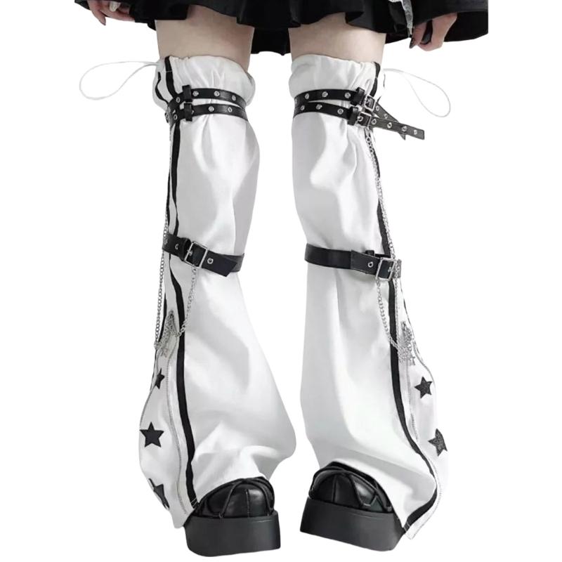 Damen Harajuku Sternenprint Reißverschluss Ausgestellter Beinwärmer Ästhetische Mode Punk PU Geschirrriemen Beinabdeckung Oberschenkelhohe Socken