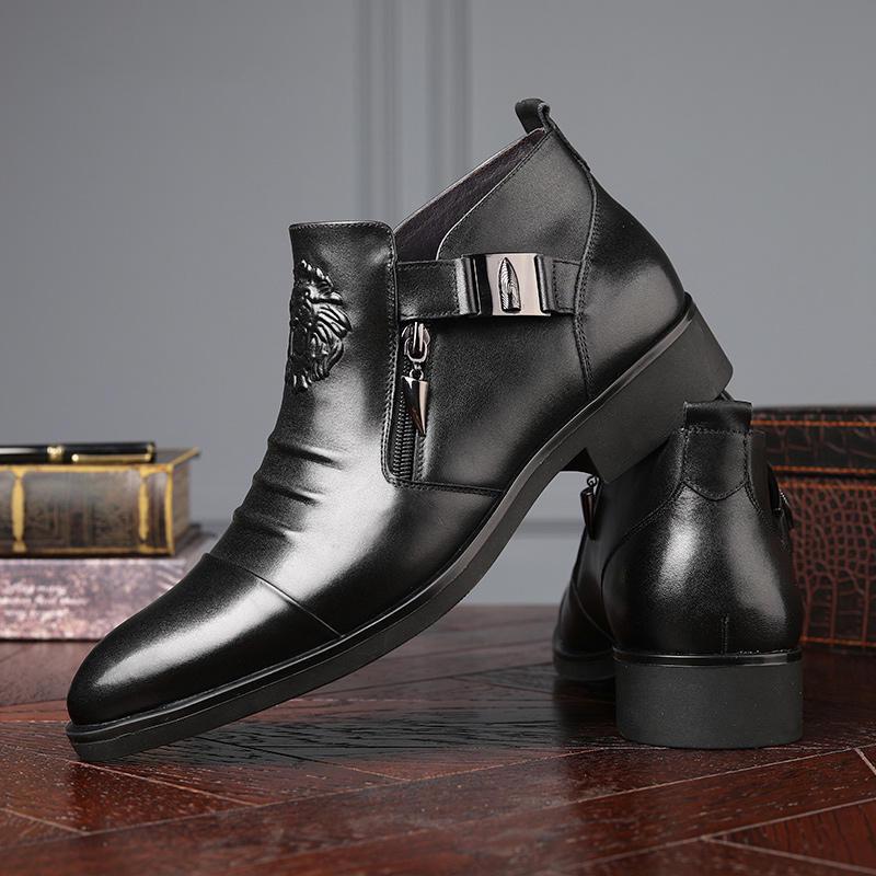 Men's Autumn/Winter Business Casual Leather Shoes with Lion Head Zipper – High & Low Top, Pointed Style