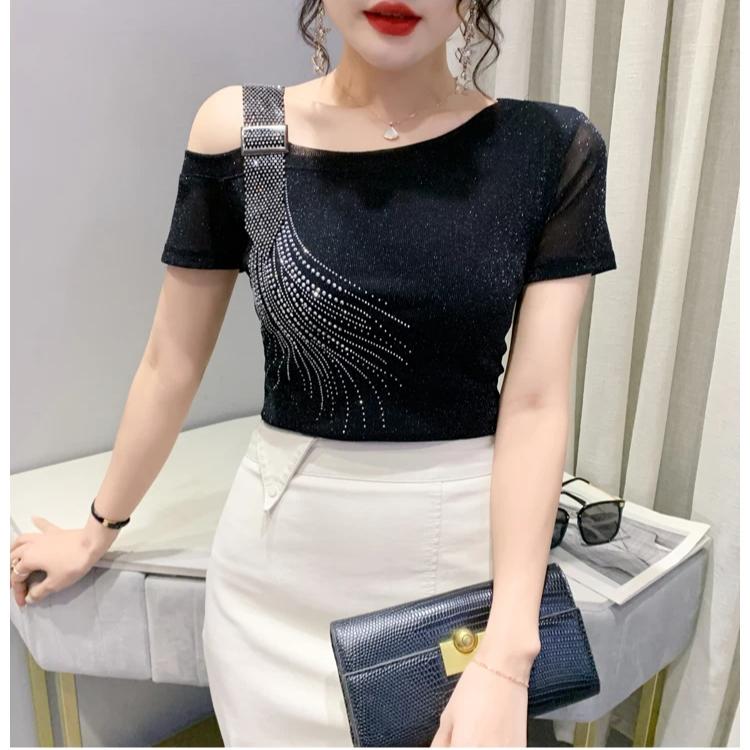 Summer Fashion European Female Clothes T-Shirt Sexy Off Shoulder Shiny Diamonds Mesh Women Tops All Match Tees Blouse
