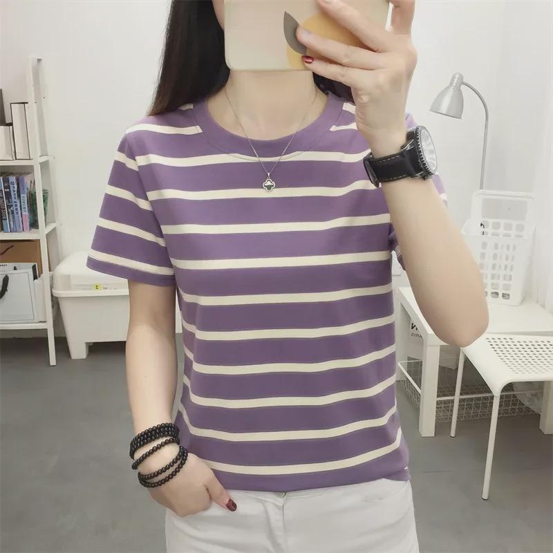 2023 Летняя женская хлопковая полосатая футболка больших размеров - свободный крой, круглый вырез, короткие рукава