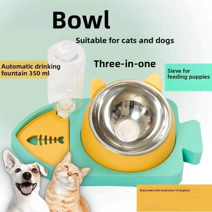 Napf für Katzen und Hunde mit einem automatischen Wasserspender und einem Fach für langsames Fressen