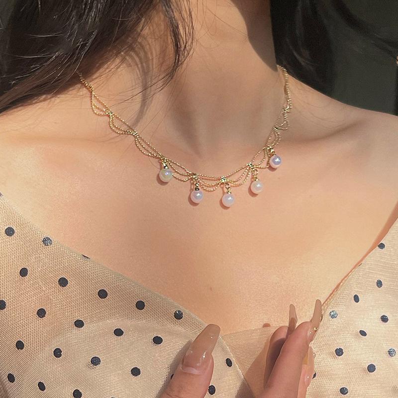 ANENJERY Nový módní náhrdelník Kpop Pearl Choker Roztomilý dvouvrstvý řetízkový přívěsek pro ženy Šperky Dívka Dárek Velkoobchod