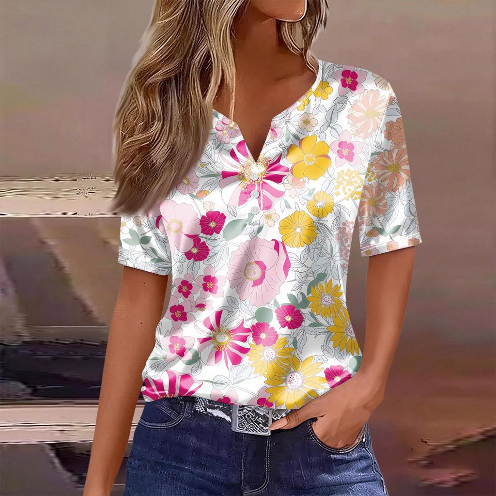 Women's Fashion Casual Retro Print  Collar Short Sleeve Button T-Shirt Top