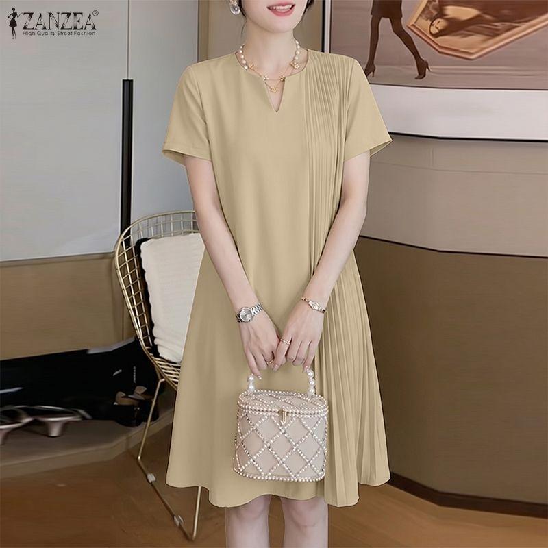 ZANZEA Women Casual V-Neck Solid Color Loose Short Sleeve Dress