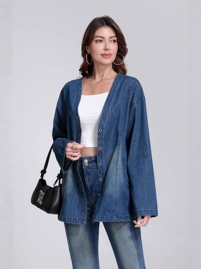 Stylish V-Neck Loose Denim Jacket - Early Autumn Casual Design