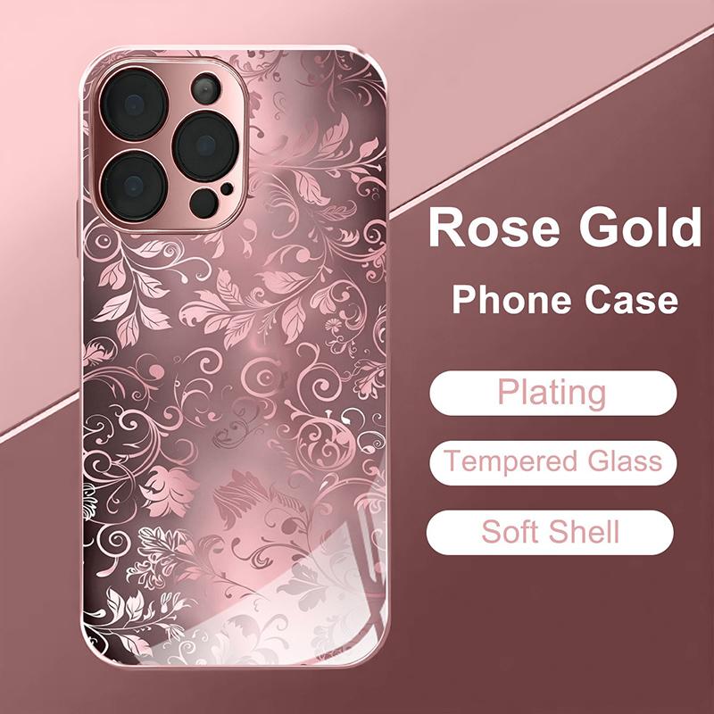 Cute Floral Pattern Pink Metallic Tempered Glass Phone Case For iPhone 11 12 13 14 15 16 17 Pro Max 15 Plus 17 Air 16E Cover