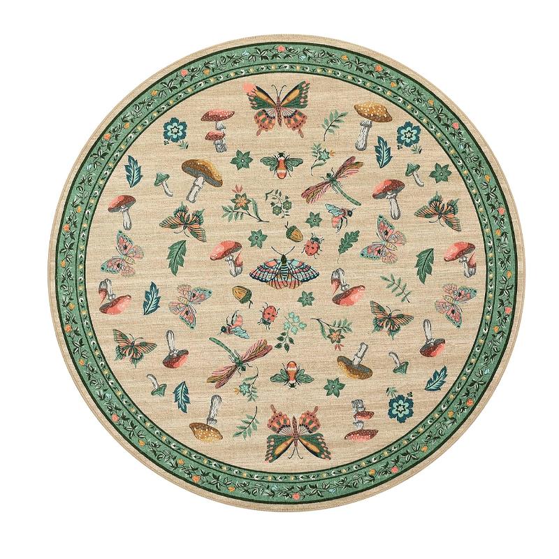 

Living Room Carpet Machine Washable Non-Slip Butterfly Mushroom Insect Green Round Bedroom Rug Modern Home Decoration Foot Mats 90x90cm