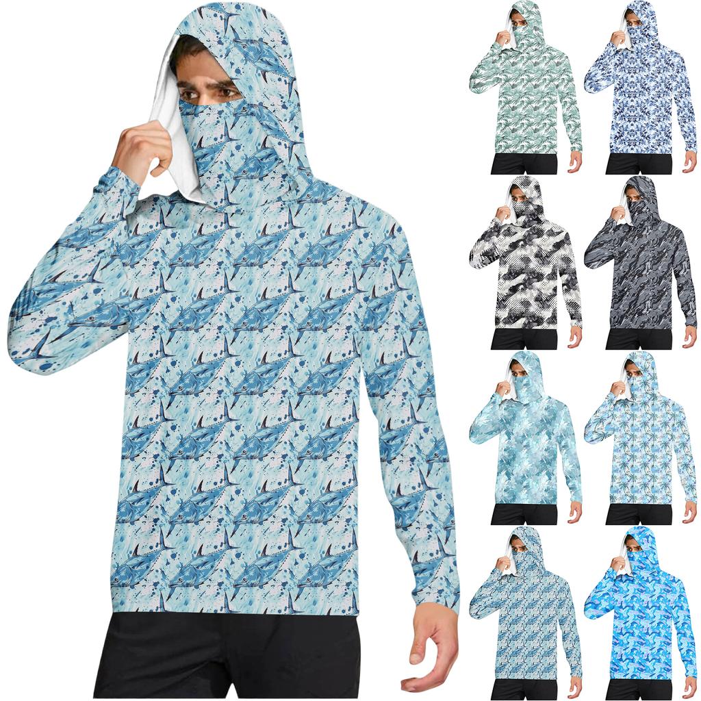 Men's Casual Hooded Long Sleeve Sun Protection Shirt Lightweight Breathable Fabric Quick Dry Outdoor Top with Camouflage Print