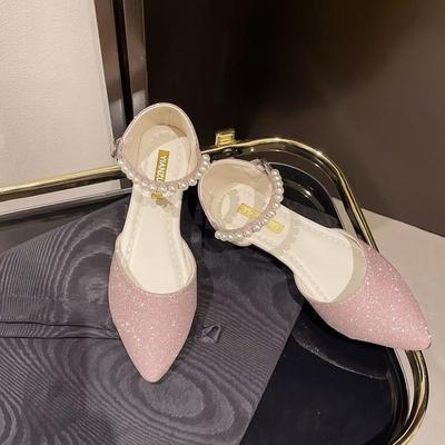 Fairy Flat Bottom Pointed Pearl Sandals with One Word Sweet with Skirt Hollow Bridesmaid Bag Heel with Skirt Single Shoes