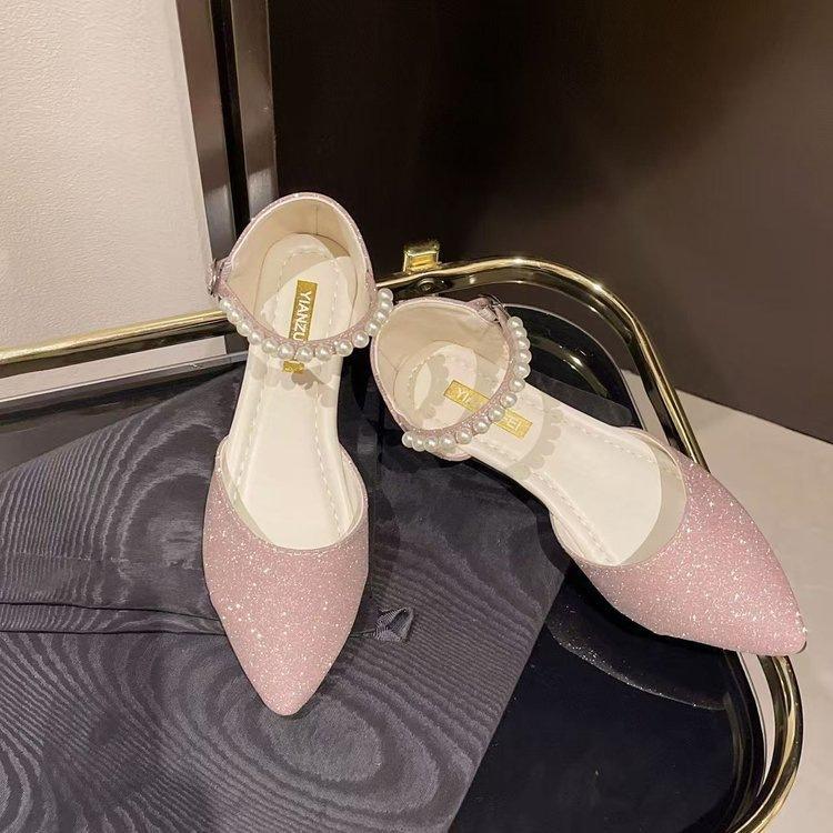 Fairy flat bottom pointed pearl sandals with one word sweet with skirt hollow bridesmaid bag heel with skirt single shoes