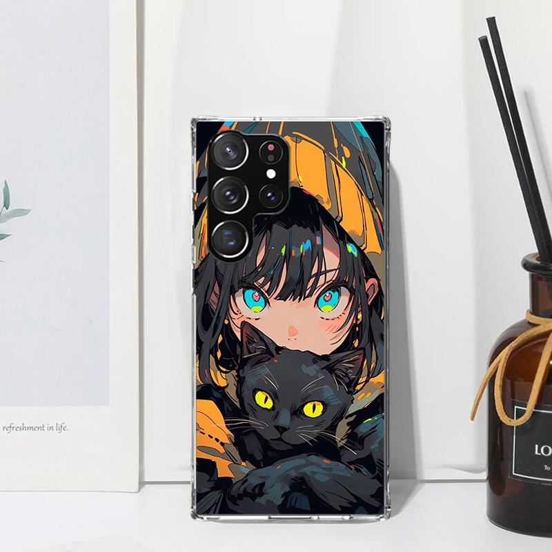 Anime Girls Cute Black Cat Phone Case For Samsung Galaxy S26 S25 Edge S24 FE S23 S22 Ultra S21 Plus S20 + Art Fundas Back Cover