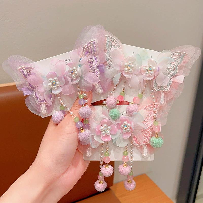 2PCS Children's Hanfu Headwear Hair Clip Little Girl Butterfly Step Swinging Hair Clip Girl Super Fairy Tassel Hair Accessories