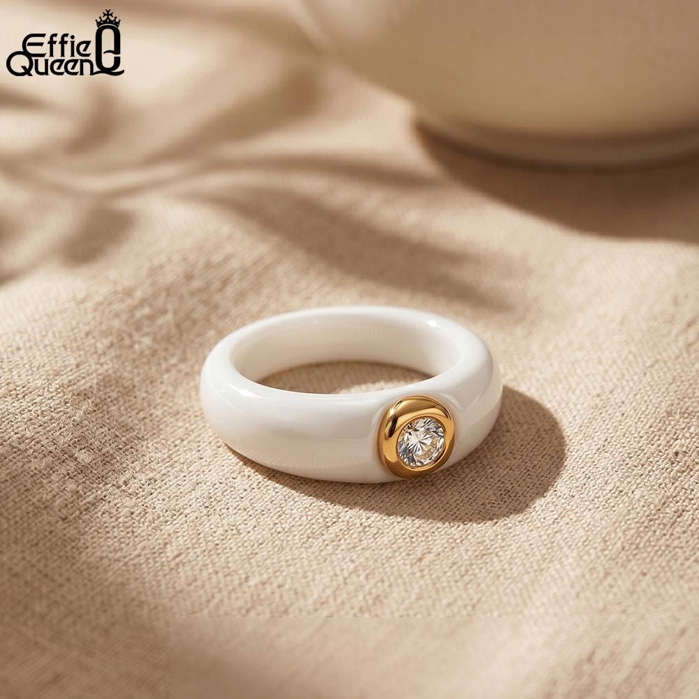 Effie Queen Stainless Steel Metal Ceramic Finger Ring Waterproof Minimalist Texture Dainty Zircon Ring Jewelry Accessories STTR