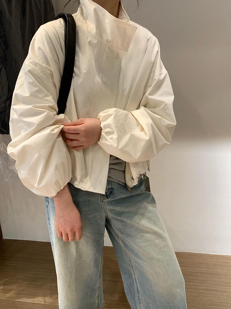 Evropská jarní 2025 dámská petite volného střihu bunda větrovka se stojáčkem a stahovací šňůrkou pro ochranu před sluncem