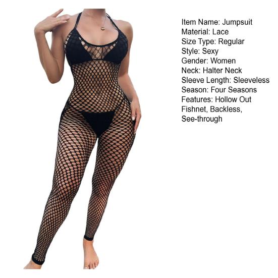 Lace Jumpsuit Hollow Mesh Fishnet Sleeveless Seductive Costume Halter Neck Women Wedding