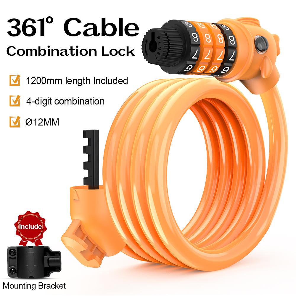 361 Degrees Bike Lock 4 Digit Code Combination Cable Lock Stronger Anti Theft Bike Cable Locks for Bicycle MTB Electric Scooter 4