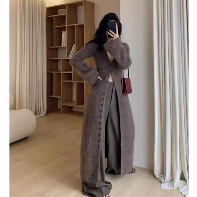 Womens V-Neck Longline Knit Cardigan With Side Slit Slim Fit Wool Blend Sweater Coat Winter