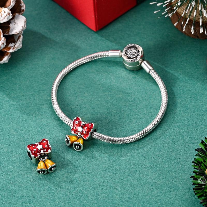 Christmas Party Copper Exquisite Red Bow Bell Beads Fit Charm Bracelet Pendant Women Diy Fine Jewelry Party Gift