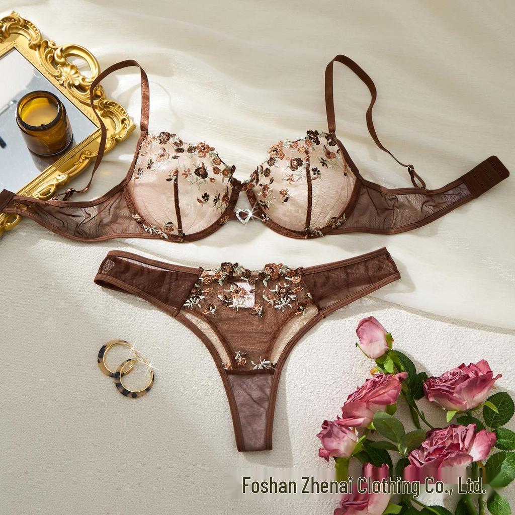 Floral Embroidered Mesh Push-up Lingerie Set for Women