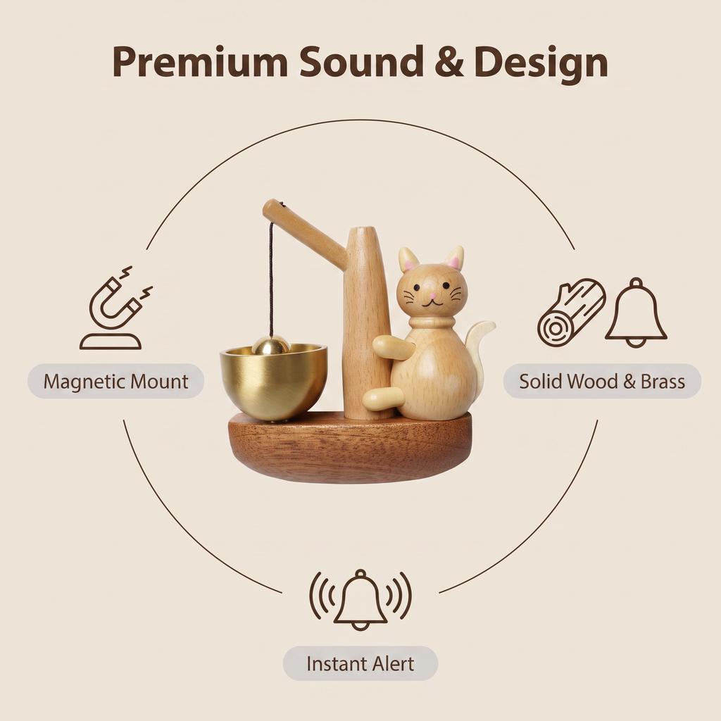 Wind Chime Doorbell-No-Drill Magnetic Door Bell,Brass &Solid Wood Cat Doorbell for Entry Door, Home &Pet Door