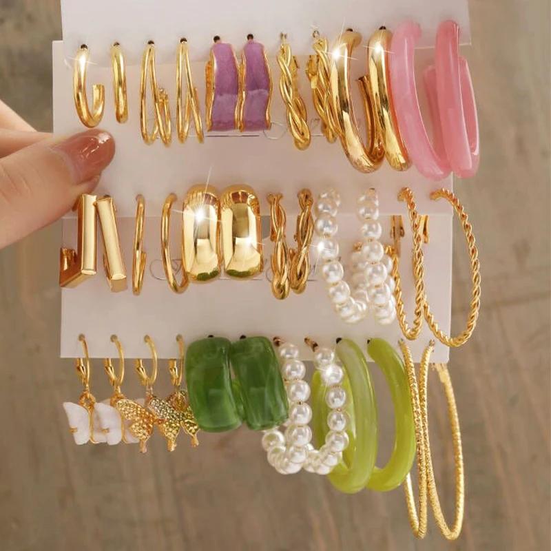 36 Pcs Fashion Colorful Earrings Set For Women Green Resin Pearl Gold Color Metal Circle Dangle Earrings 2026 New Jewelry Gifts