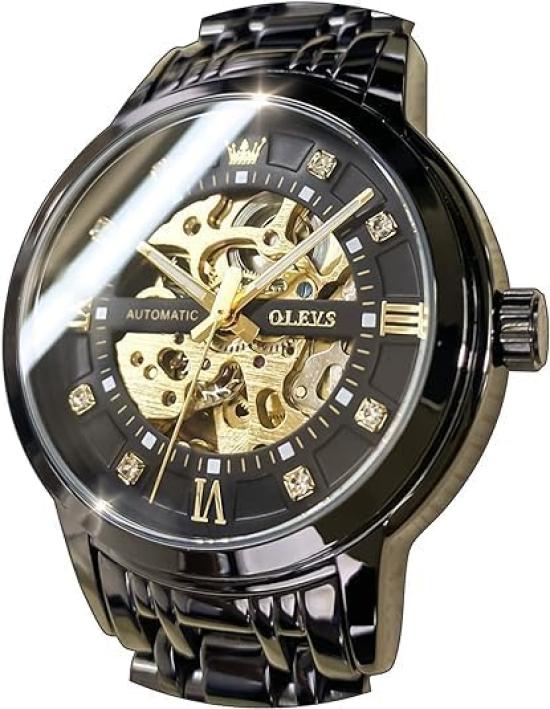 OLEVS Men's Watch Stylish Automatic Mechanical Gentleman Fashion Waterproof Luminous Brand Stainless Steel Black (Gold/Black 9901)
