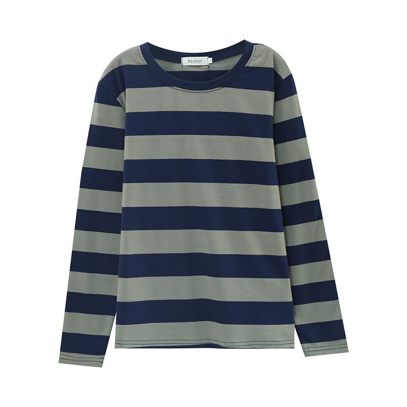 Plus Size Mama w średnim wieku Jesień Luźny T-shirt z długim rękawem Kobiety Odzież wierzchnia Warstwa podstawowa Top w paski