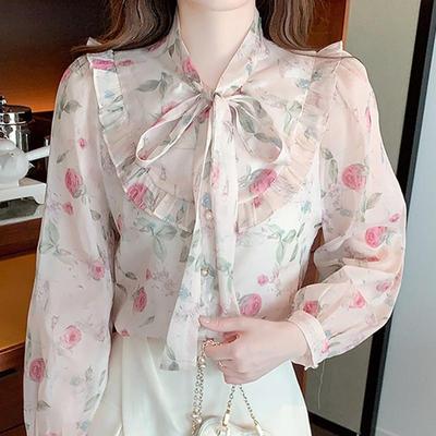 Long Sleeve Ruffles Bow Collar Print Chiffon Blouse Shirt Women Tops J193