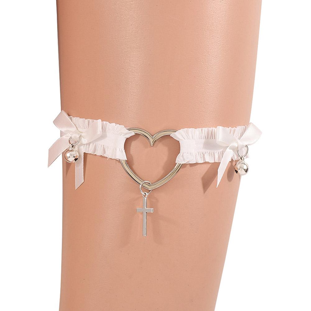 

Готический кружевной пояс для чулок - Дизайн с сердечками, бантиками и крестами, Подвязки для ног в стиле Лолита, Черный белый эластик, Ремешок-чокер, Косплей-белье