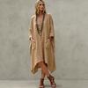 Women's Casual V-Neck Cotton Linen Three-Quarter Sleeve Asymmetric Dress for Everyday Wear