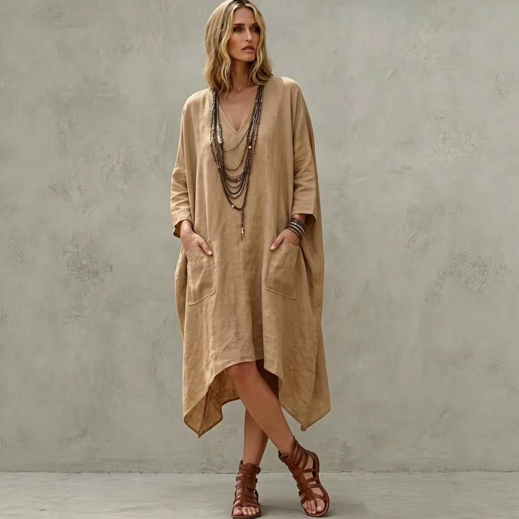 Women's Casual V-Neck Cotton Linen Three-Quarter Sleeve Asymmetric Dress for Everyday Wear