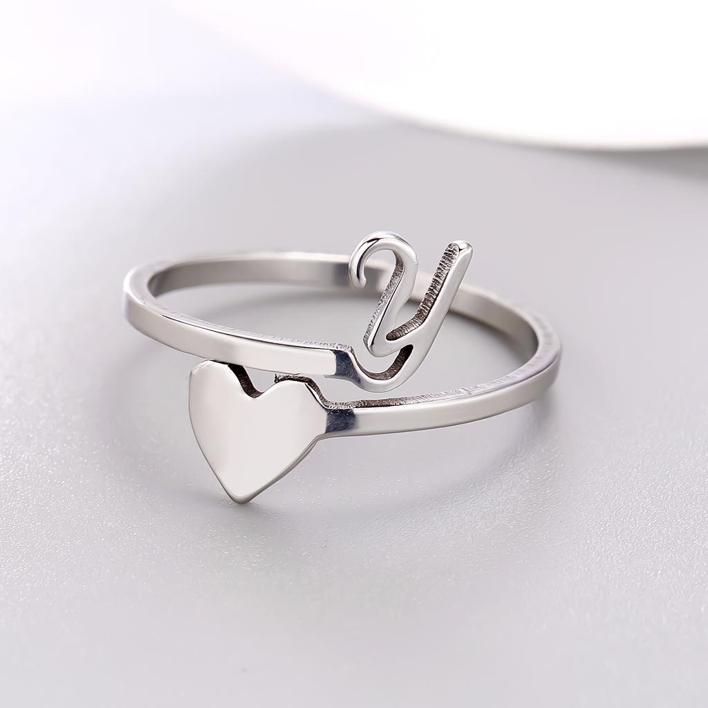 Silver Color 26 Letter Love Heart Rings Stainless Steel Open Ring for Women Men Couple Initial Name Finger Jewelry Gifts