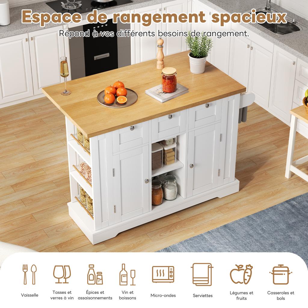 132cm Mobile Kitchen Table, Country House Style, Foldable Countertop, Multifunctional Cabinet, Spice Rack, Towel Holder, 4 Wheels, Integrated Socket