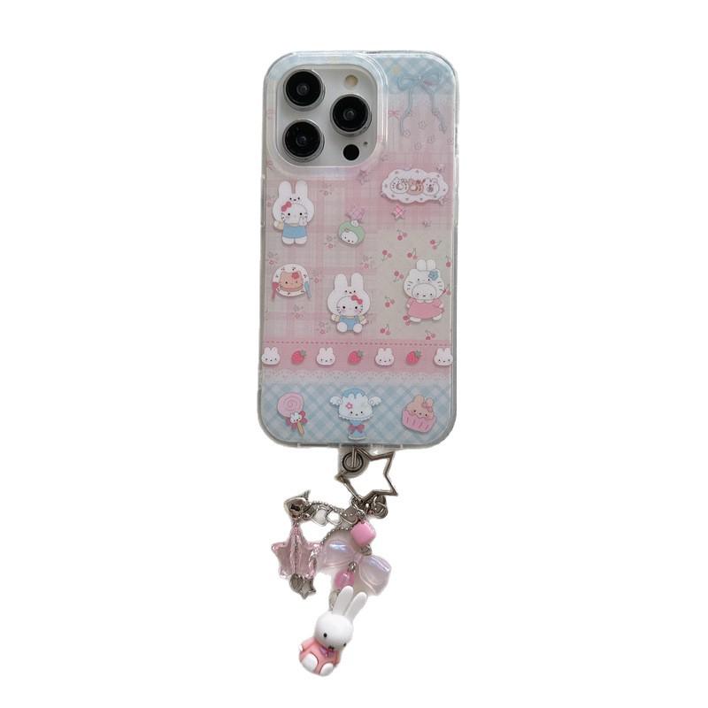 Cherry Blossom Rabbit Plaid iPhone Case for 13/14/15/16 Pro Max - Japanese Korean Style