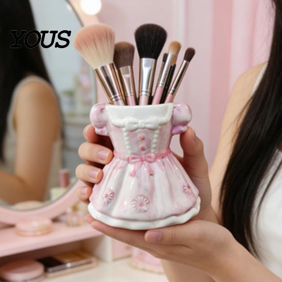 Desk Organizer Bow Dress Pencil Cup, Ceramic Organizer, Cute Makeup Stationery Brush Holder for Girls Room, Office Gift Women