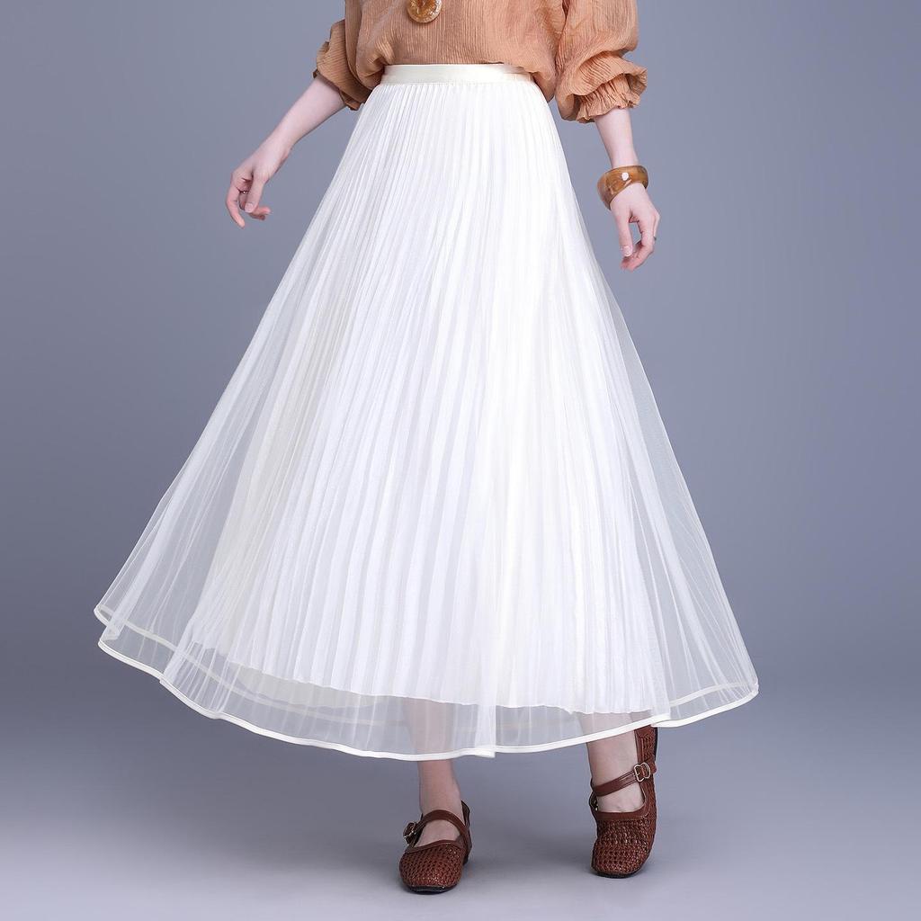2026 Spring High Waist Pleated Mesh Skirt, Double-Sided Wear, Large Hem, Slimming Commuter Style.