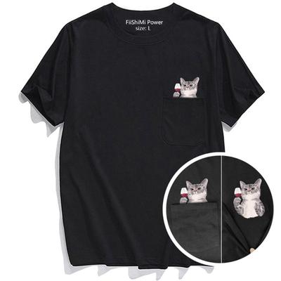 Summer Men's CLOOCL Dog Pocket Printed Patch Bag Fun Cotton Loose Round Neck T-Shirts Men’s