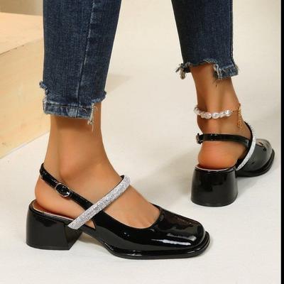 Women Sandals Thick Heel Square Toe Classic Female Mary Jane Shoes 2024 New Design Elegant Shallow Single Shoes Patent Leather