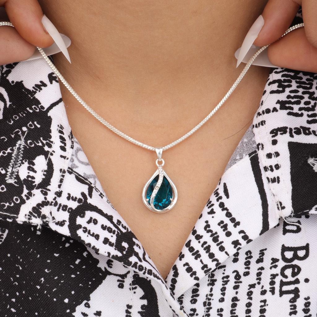 Blue Apatite Gemstone Zircon Pendant 925 Sterling Silver Jewelry Women Necklace CZP-7-2
